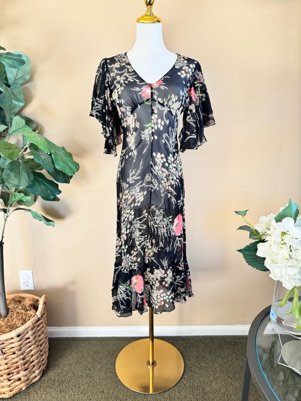 Girls From Savoy Anthropologie Sz 0 Dress Black Floral Sheer Silk Chiffon Gatsby - Picture 1 of 16